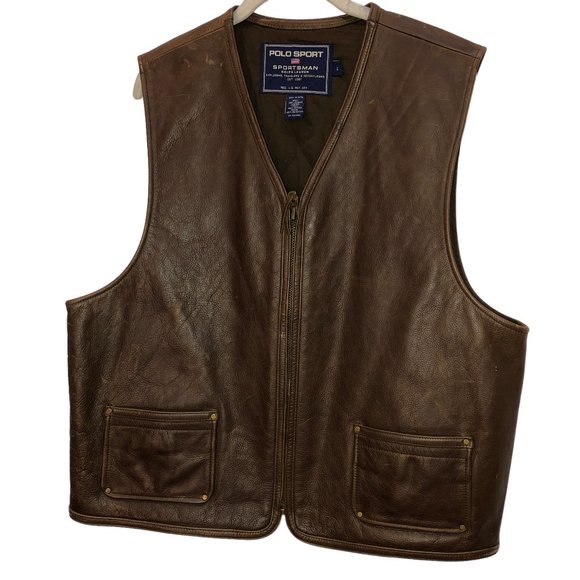POLO Ralph Lauren Chocolate Brown Zip up LEATHER vest L - Picture 1 of 7